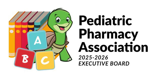 Illustration of a smiling green turtle in front of colorful books and ABC blocks, next to text that reads Pediatric Pharmacy Association 2025–2026 Executive Board.