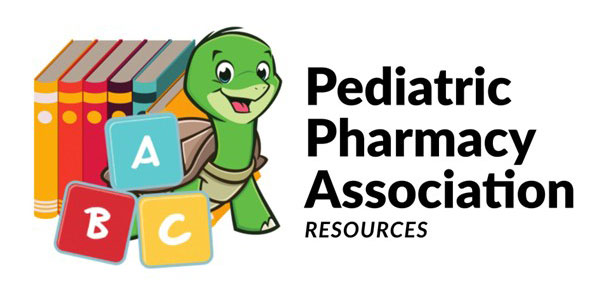 Illustration of a smiling green turtle in front of colorful books and three alphabet blocks labeled A, B, and C. To the right, bold text reads 'Pediatric Pharmacy Association' with the word 'Resources' underneath